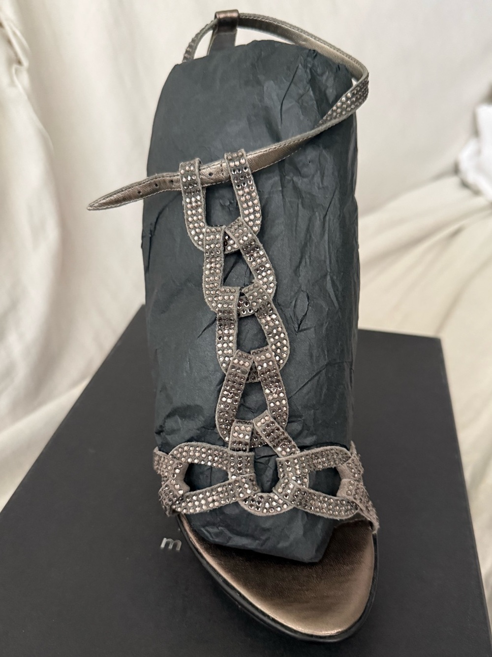 Pelle Moda Braided Party Ankle Strap Heel—Pewter Metallic